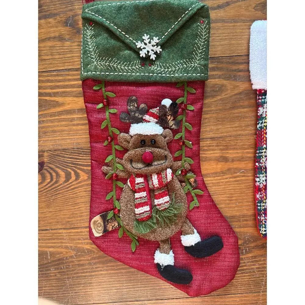 Christmas Stocking Bundle (2) Reindeer 3D Stocking and Plaid Felt Stocking